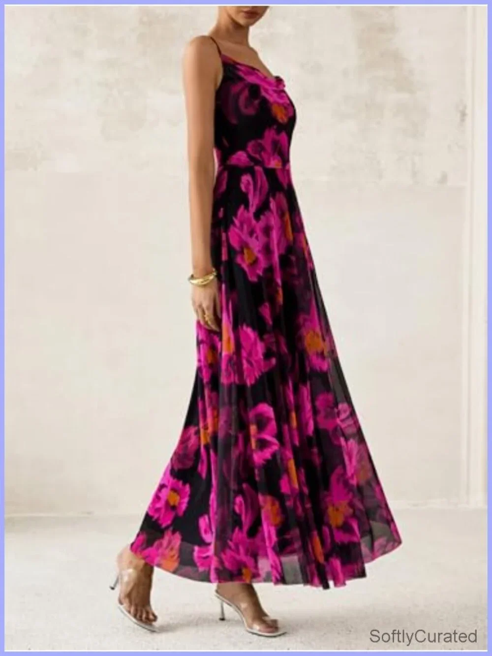 Floral A-Line Cowl Neck Maxi Dress Spaghetti Strap Party Dress